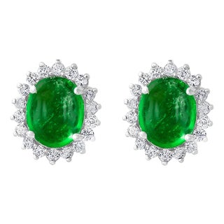 10 Ct Natural Emerald Zambia Cabochon & Diamond Stud Earring 14 Karat White Gold For Sale