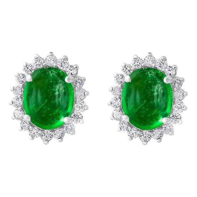 10 Ct Natural Emerald Zambia Cabochon & Diamond Stud Earring 14 Karat White Gold For Sale