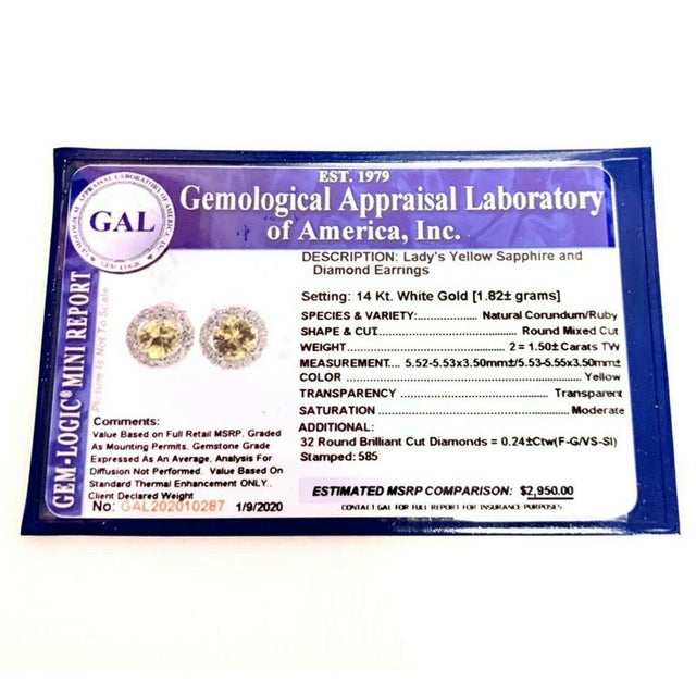 Yellow Diamond Sapphire Earrings 14k Gold Stud 1.74 TCW Certified For Sale - Image 8 of 8