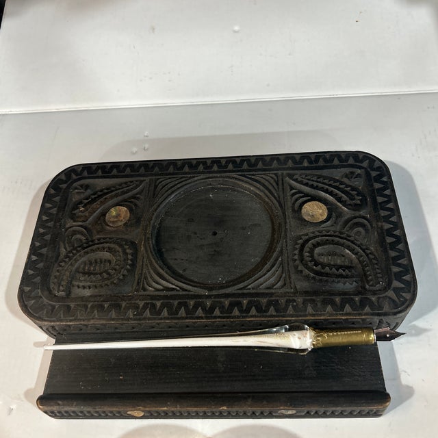 Coffee Antique Inlaid Inkwell For Sale - Image 8 of 9