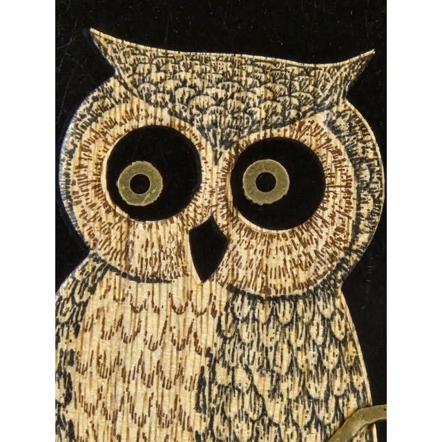 Metal Mid-Century Couroc of Monterey California Hand-Inlaid Owl Round Black Serving Tray For Sale - Image 7 of 18
