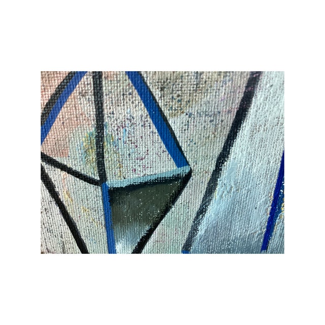 Mid Century Modern Abstract Painting Blue Teal Orange Geometric Wall Art Original 8x8 For Sale - Image 12 of 16