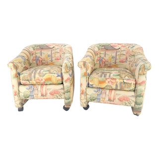 Pair Asian Silk Motive Round Barrel Back Upholstery Lounge Chairs Casters MINT For Sale