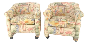 Pair Asian Silk Motive Round Barrel Back Upholstery Lounge Chairs Casters MINT