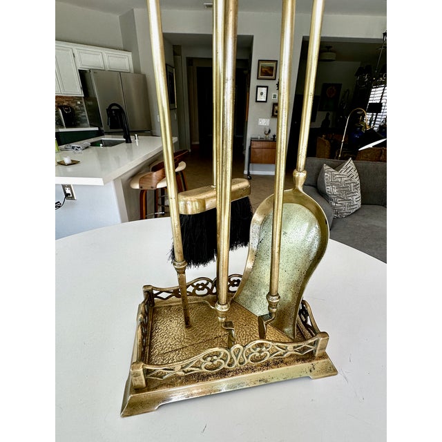 Vintage French Louis XVI Style Brass Fireplace Tool Set / Fleur-De-Lis Finial For Sale - Image 10 of 18