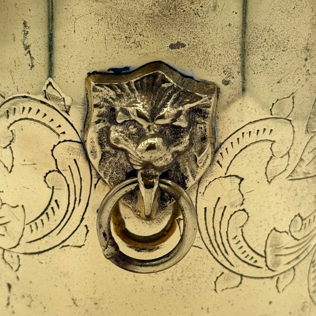 Metal Antique Brass Tea Caddy With Lion Head Ring Handles, Engraved Décor, Domed Lid For Sale - Image 7 of 9