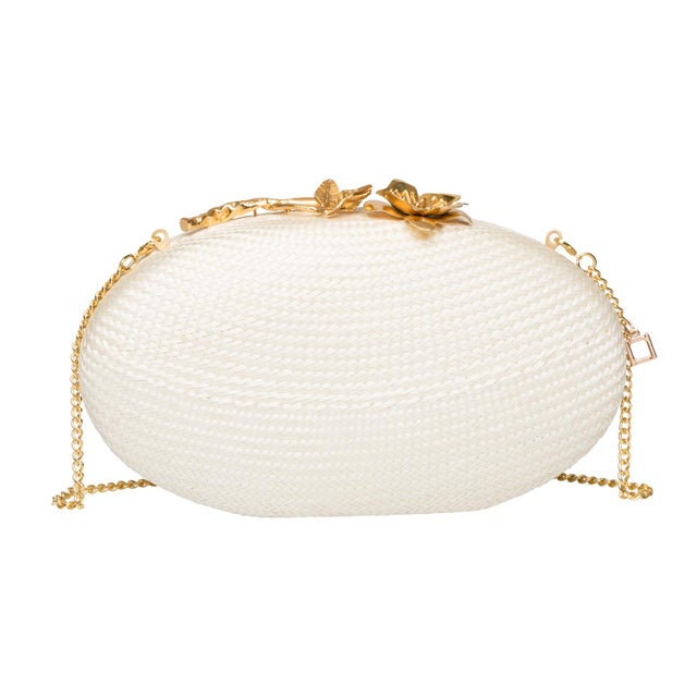 Joanna Oval Clutch in Off White With Gold Flower Clasp For Sale In New York - Image 6 of 7