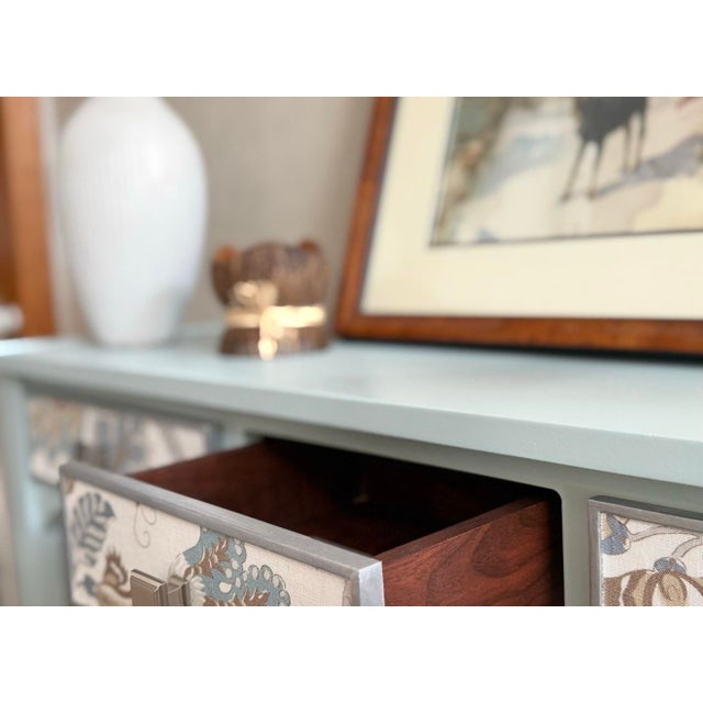 One-of-a-Kind Hand Painted Console Table | Entryway Table | Blue Console | Fabric Drawer Fronts | Cottage Luxe | French Country For Sale - Image 4 of 9