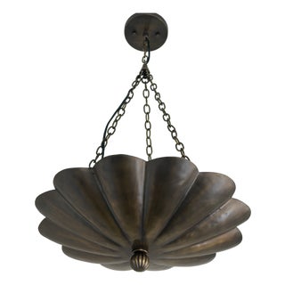 Art Nouveau Petal Pendant Light, Antique Brass Finish Solid Brass Flower Shade, 4 Light Hanging Fixture For Sale