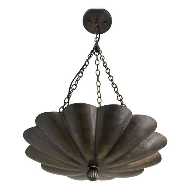 Art Nouveau Petal Pendant Light, Antique Brass Finish Solid Brass Flower Shade, 4 Light Hanging Fixture For Sale