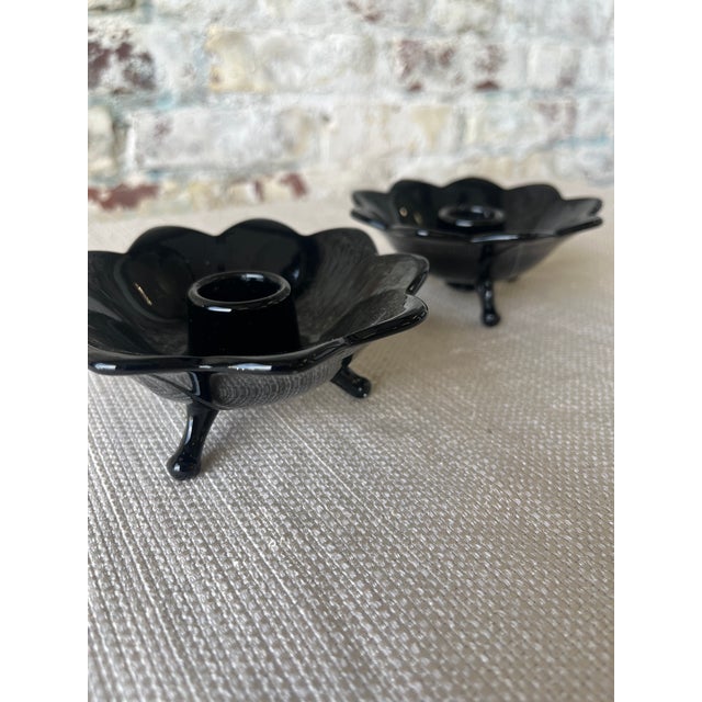 Vintage Black Glass Lotus Candle Holders – Footed Pair For Sale - Image 4 of 7