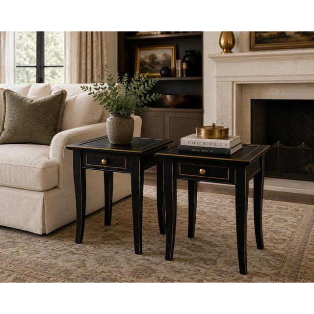 Hollywood Regency Late 20th Century Pair of Onyx Black & Gilded Accent Tables — Custom Designer Finish For Sale - Image 3 of 4