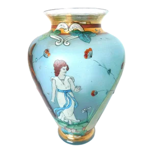 Art Nouveau Blue Glass Hand-Painted Scenic Vase, Nouveau Woman, Gold Leaf, C. 1900-1910