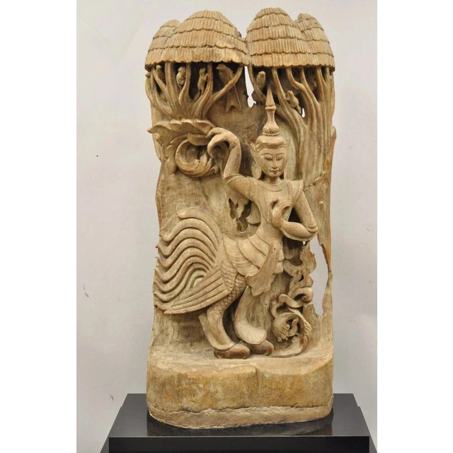 Vintage Burmese Carved Wood Oriental Large Figural Statue Sculpture on Base For Sale - Image 4 of 12