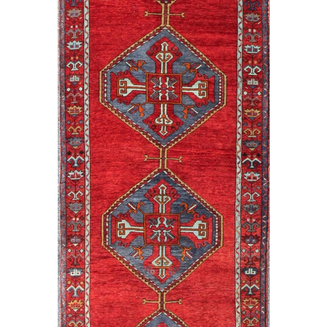 Colorful Turkish Wide Runner in Rich Red and Steel Blue 3'10 X 12'7 For Sale - Image 4 of 7