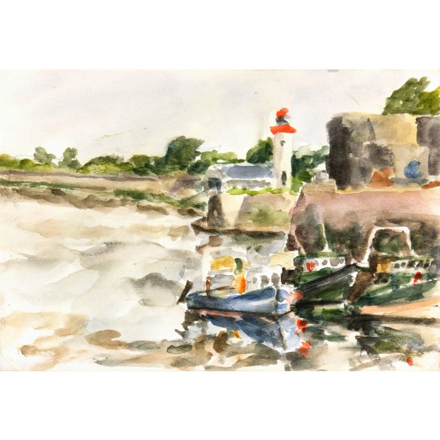 French Watercolor - Lighthouse and Fishing Boats For Sale
