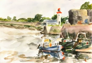 French Watercolor - Lighthouse and Fishing Boats