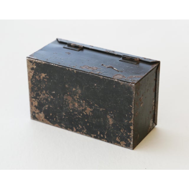 30s Vintage Industrial Metal Steel Tool Box With Rusty Patina and Chipping Black Paint For Sale - Image 12 of 17