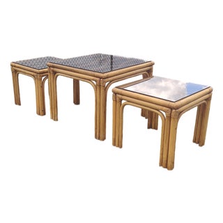 Vintage Boho Bamboo Rattan Table Set- Set of Three For Sale