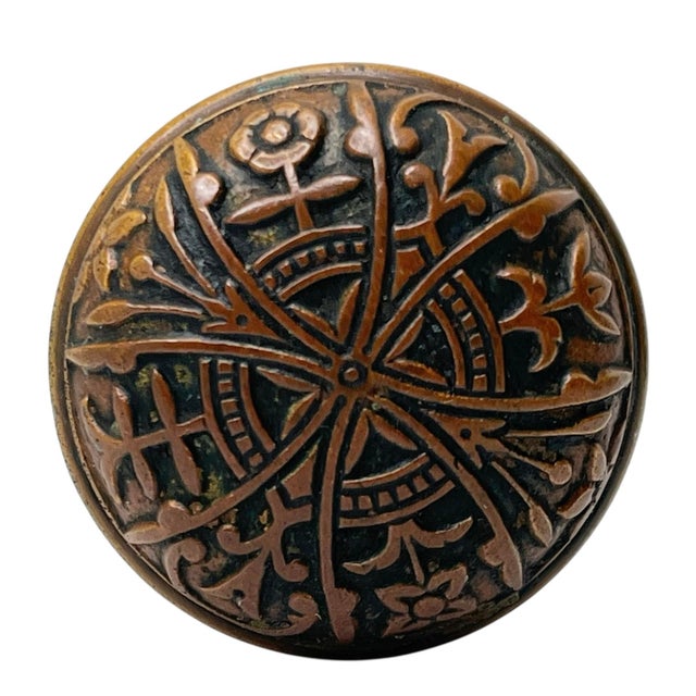 1890s American Bronze Door Knobs With Rosettes - A Pair For Sale - Image 6 of 9