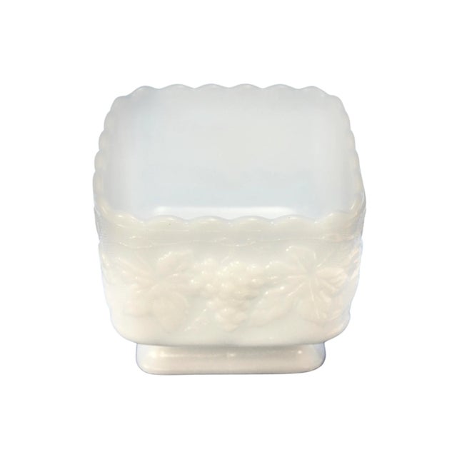Vintage white square milk glass grape and leaf pattern bowl. No maker's mark. Light wear.