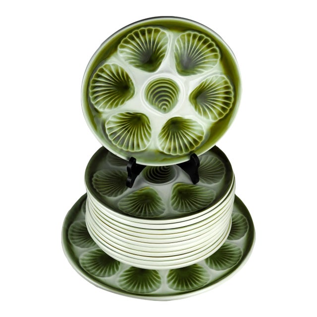 Mid-Century French Orchies Green Pastel Majolica Oyster Dishes and Plates - Set of 13 For Sale