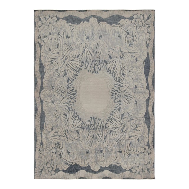 Rug & Kilim’s French Style Art Deco rug in Blue, Grey & Beige Floral Patterns - 8x10 For Sale