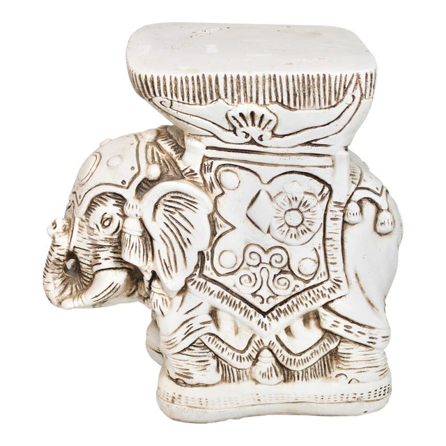 Vintage Boho Chic Ceramic White Elephant Garden Stool For Sale