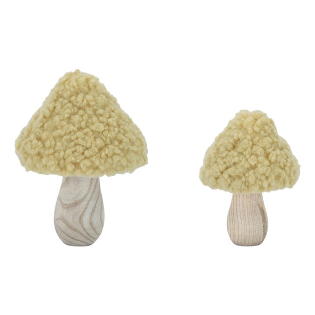 Set of 2 Wood & Fabric Mushroom Figurines For Sale