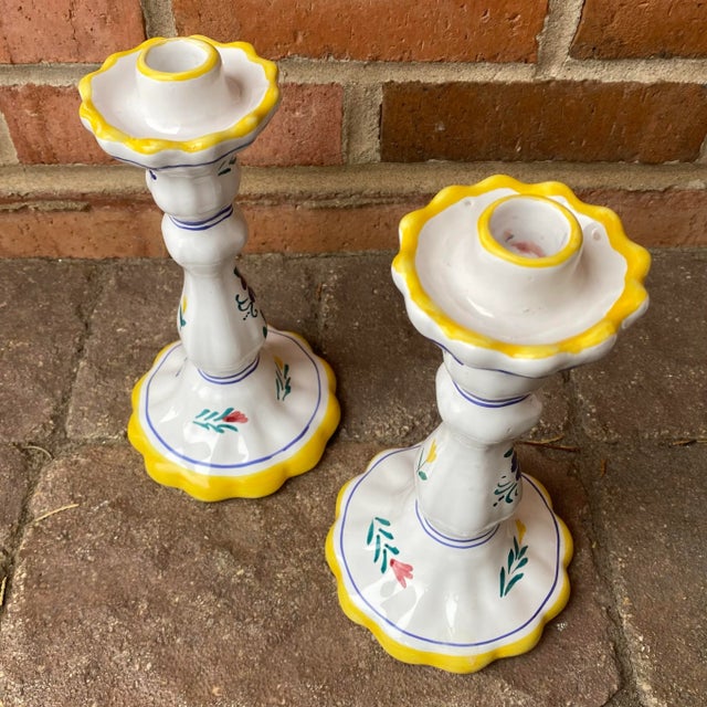 Ceramic Vintage Late 20th Century Italian Hand Painted Candle Holders - a Pair For Sale - Image 7 of 10