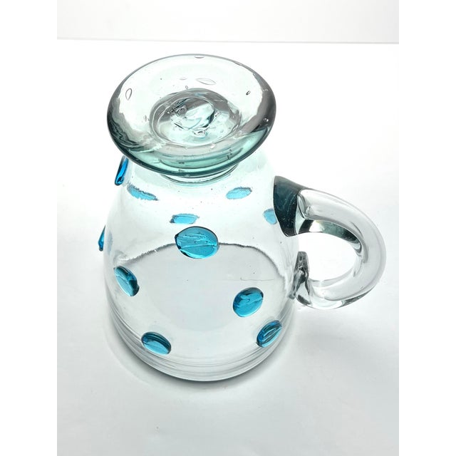 Glass Mexican Aqua Blue Confetti Raised Pebble Mexican Hand Blown Glass Pitcher Jug For Sale - Image 7 of 7