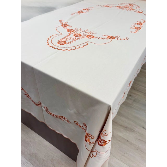 Textile Vintage Embroidered Tablecloth – Orange Floral Beige Scalloped Edges 93"x59" For Sale - Image 7 of 10