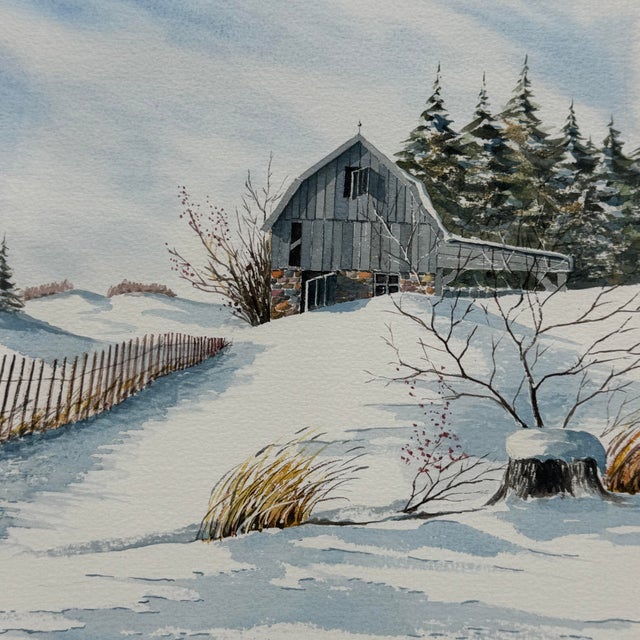 Original Watercolor Painting of a Snowy Barn by Arthur Legiehn, 1985 For Sale - Image 4 of 12