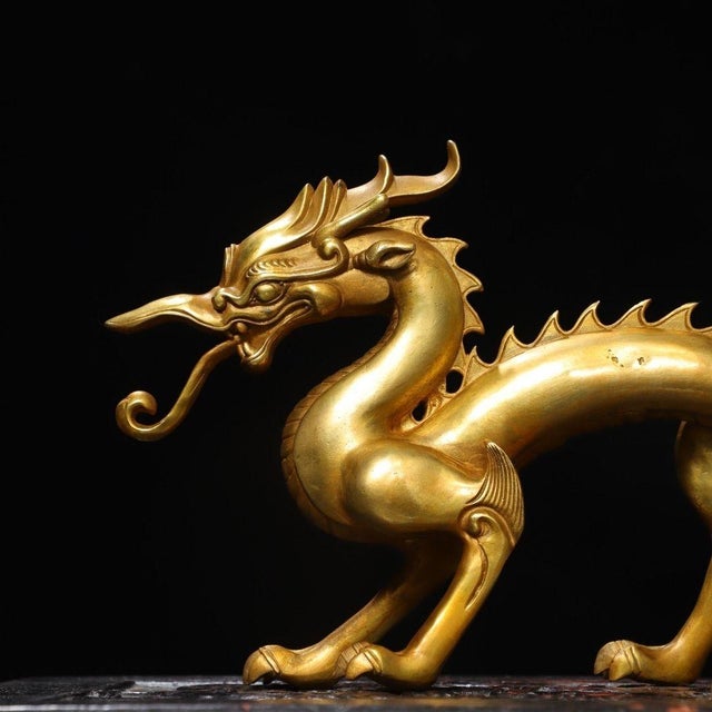 Vintage Gilt Copper Striding Dragon Statue / Scholar's Desk Object For Sale - Image 4 of 9