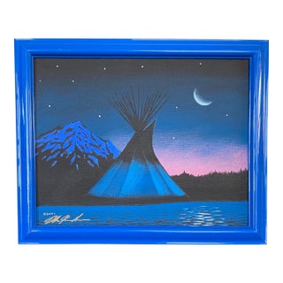 Crow Lodge 'Summer Evening' Montana New Moon Water Indian Blue Tepee Knowshisgun 2001 For Sale