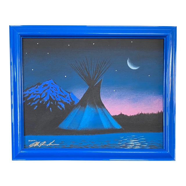 Crow Lodge 'Summer Evening' Montana New Moon Water Indian Blue Tepee Knowshisgun 2001 For Sale