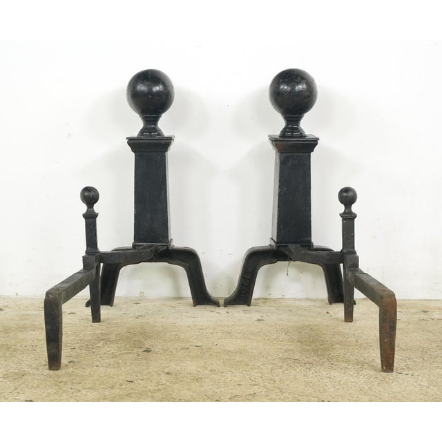 Metal Pair of Antique Black Cast Iron Cannonball Andirons For Sale - Image 7 of 10