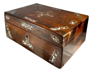 Antique Victorian English Mother-of-Pearl Inlaid Rosewood Box.