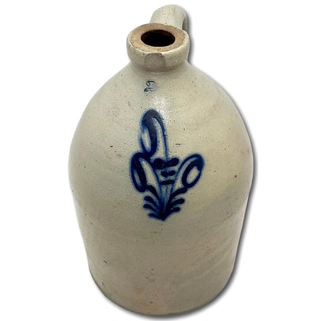 Ceramic Very Nice Blue Color Hand Decorated Antique American 2 Gallon Size Stoneware Jug - Circa 1870s For Sale - Image 7 of 18
