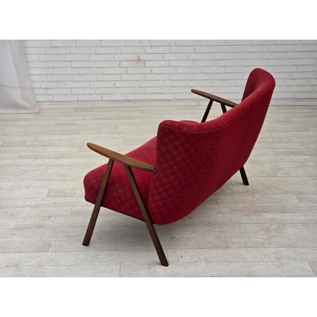 1960s Danish 2-Seater Sofa in Red Fabric with Beech Legs and Armrests, 1960s For Sale - Image 5 of 17