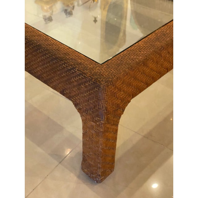 Brown Vintage Scroll Ming Legs Braided Leather Wicker Glass Top Coffee Cocktail Table For Sale - Image 8 of 13