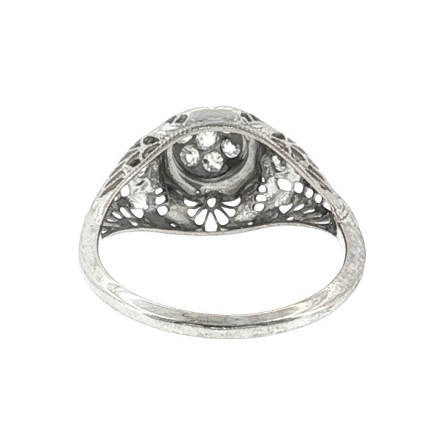 Mid-Century Modern 1930's 14k White Gold 9 Old Mine Cut Cluster Filigree Ring, Size 6.75 For Sale - Image 3 of 4