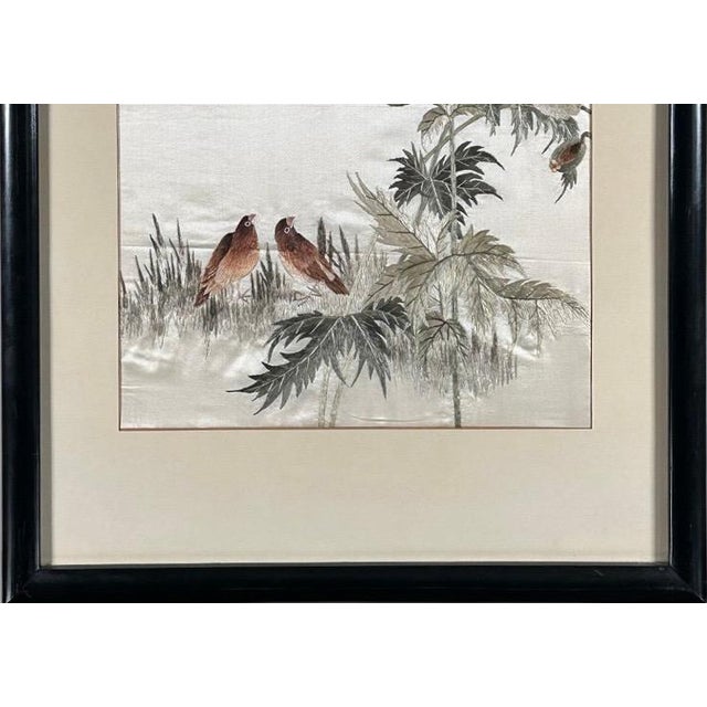 Mid 20th Century Vintage Framed Chinese Silk Embroidery Panels Birds and Flowers Huaniao Art Pair For Sale - Image 5 of 11