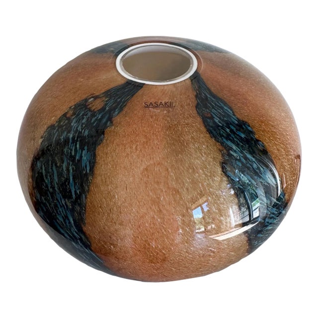 Large Sasaki Japanese Art Glass Orb Vase – Amber & Teal Swirl – Sculptural Ikebana Centerpiece For Sale