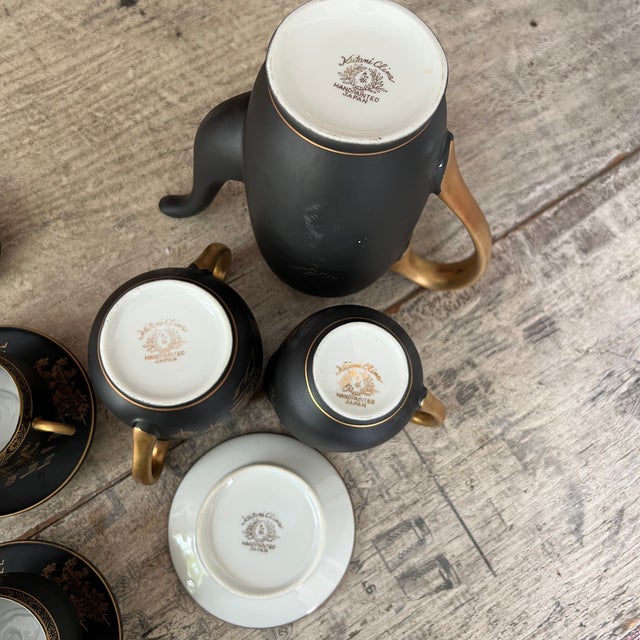 Vintage Kutani China Hand-Painted Black & Gold Japanese Tea Set With Teapot & Cups - Set of 15 For Sale - Image 13 of 18