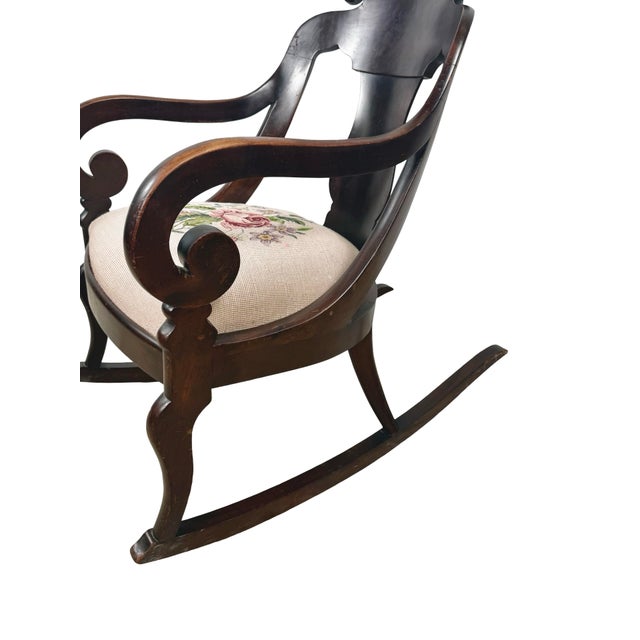 Antique American Carved Wood Rocking Chair With Needlepoint Seat For Sale - Image 14 of 18