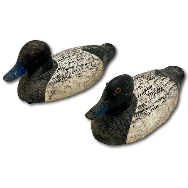 Antique White Nice Original Pair of Antique American Primitive Hand Carved & Painted Wood Duck Hunters Working Decoys Circa 1920s For Sale - Image 8 of 18