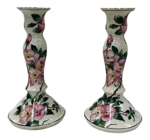 1980s Andrea by Sadek Pink Dogwood Pattern Candlesticks