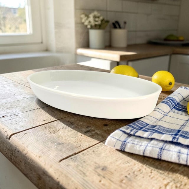 A substantial late twentieth-century Apilco France oval gratin and casserole baker in classic glossy white porcelain....