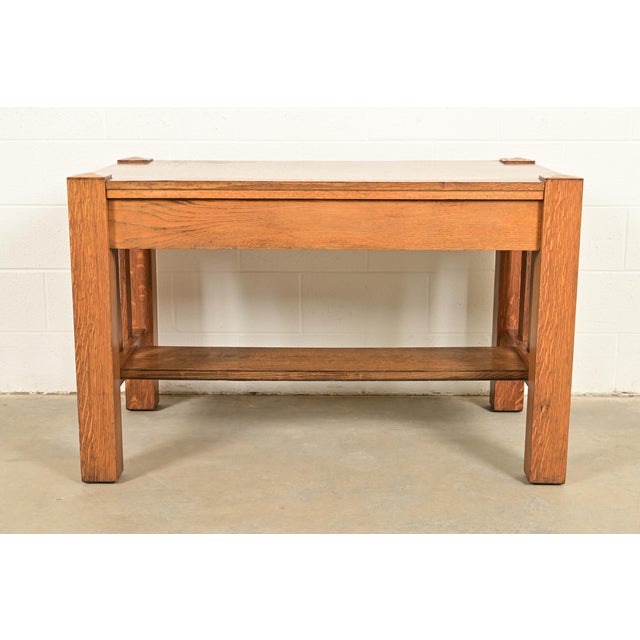 Stickley Brothers Style Antique Mission Oak Arts & Crafts Writing Desk or Library Table, Circa 1900 For Sale - Image 11 of 12